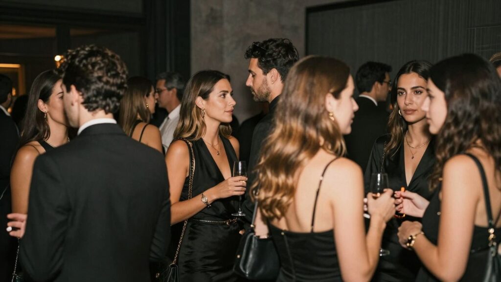 Guests in black attire at a sophisticated party.
