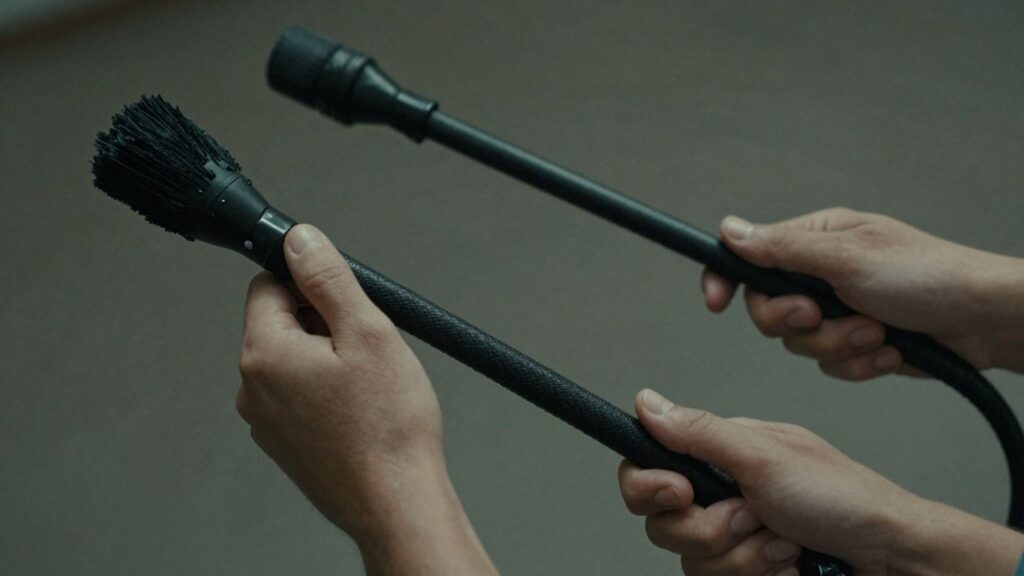 Hands holding a flogger and a whip for impact play.