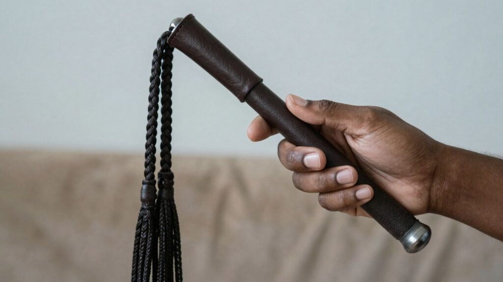 Hands holding a leather flogger, close-up, soft lighting.