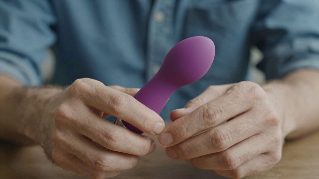 Hands holding a vibrator, intimate touch.