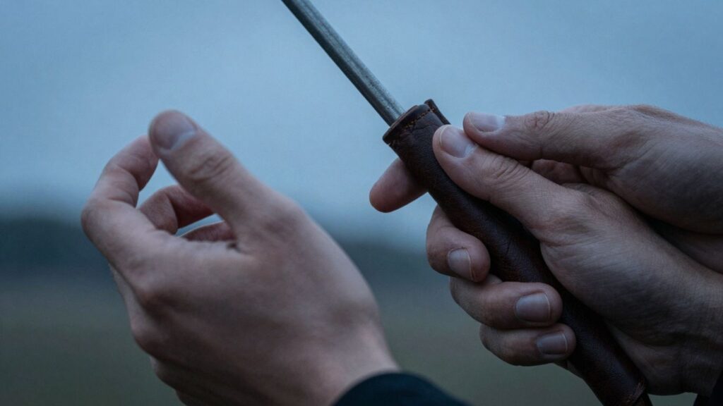 Hands interacting with a leather riding crop in dim light.