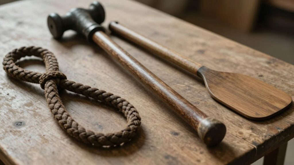 Historical implements of corporal punishment: whip, paddle, scourge.