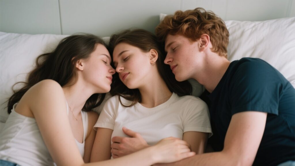 Intimate FFM threesome with emotional connection.