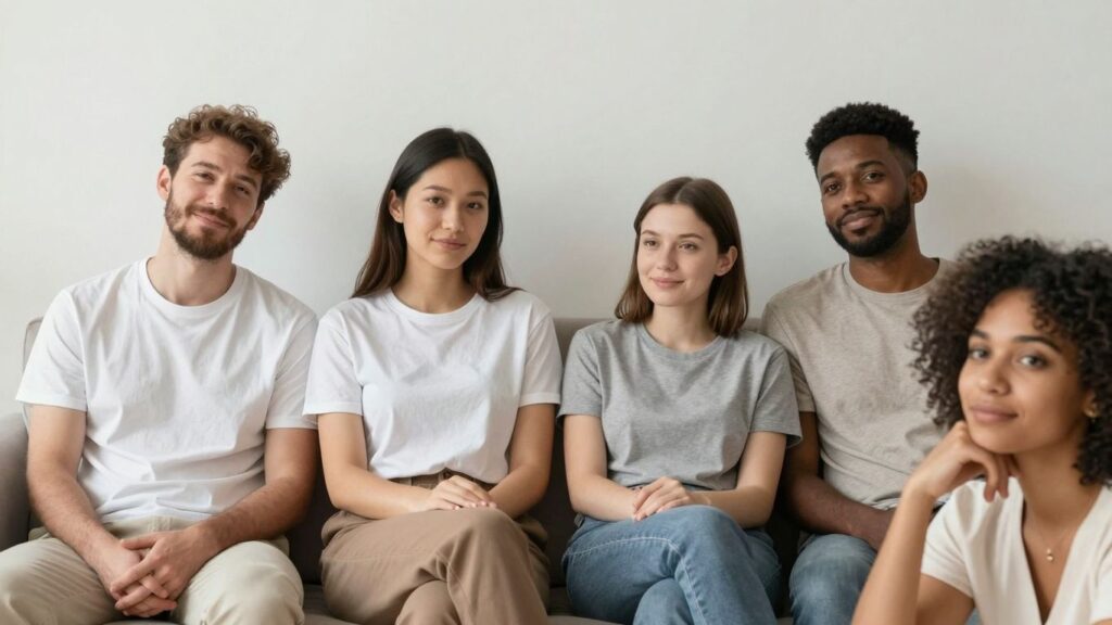 Intimate gathering of diverse individuals in a warm, comfortable setting.