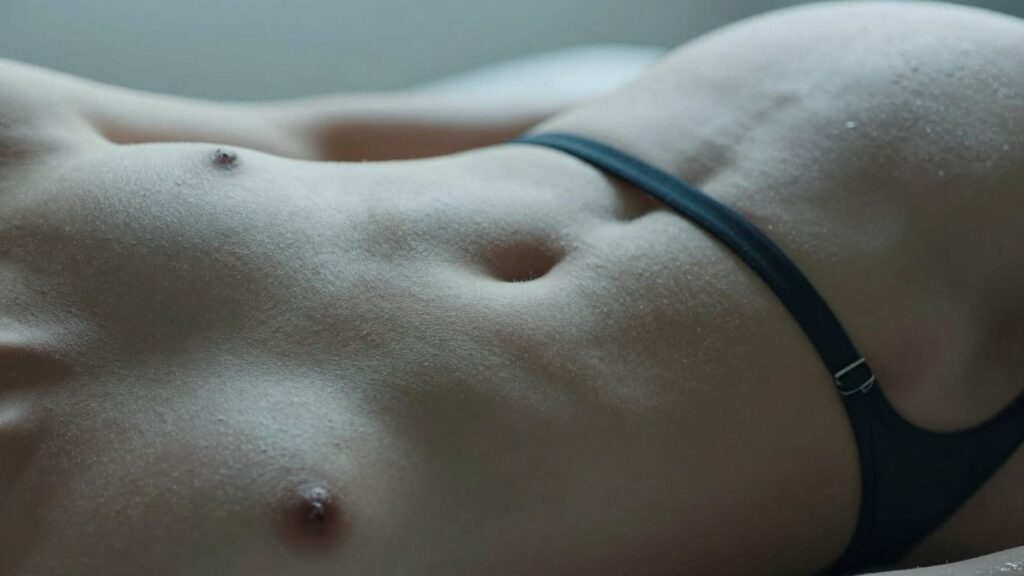 Intimate scene of erotic flagellation, focusing on skin texture and tension.