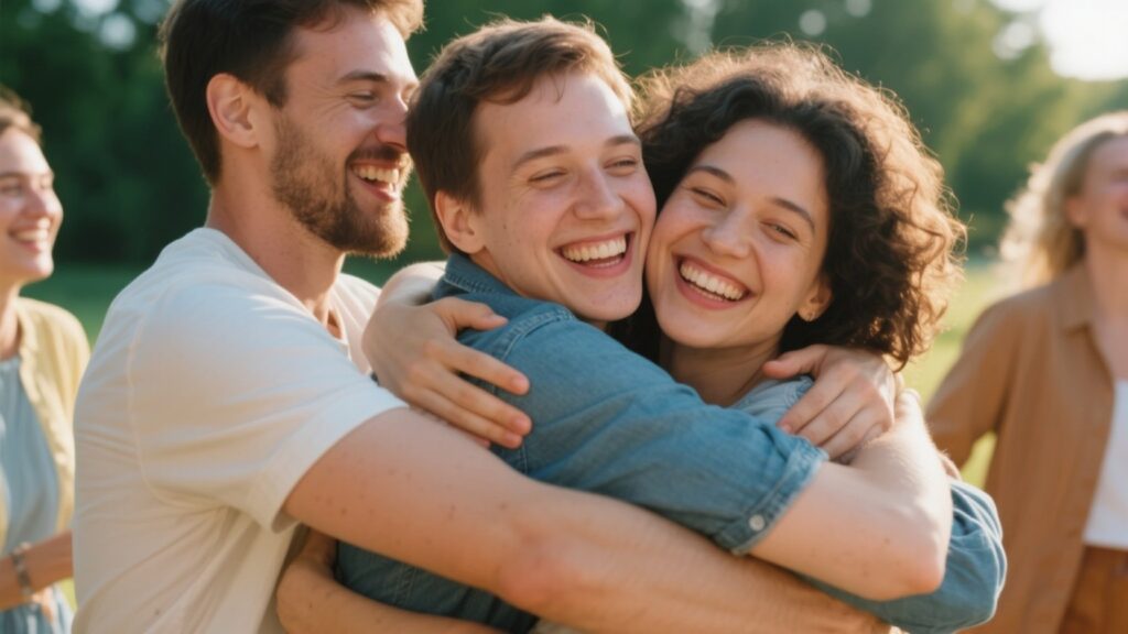 Joyful connection among diverse individuals in a warm setting.