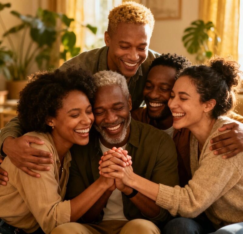 Joyful connection among diverse individuals in a warm setting.