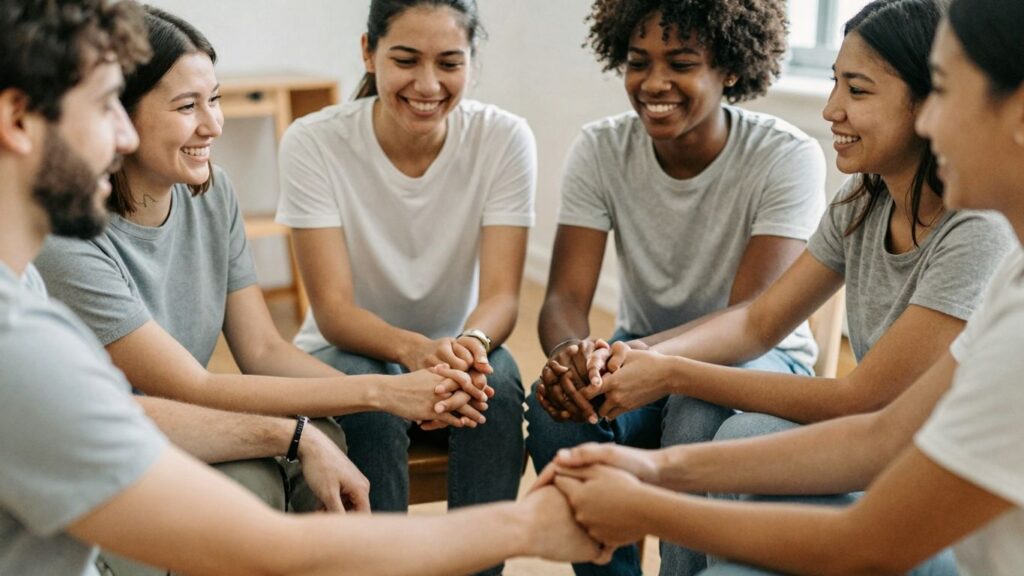 People connecting and showing affection in a warm, inviting setting.