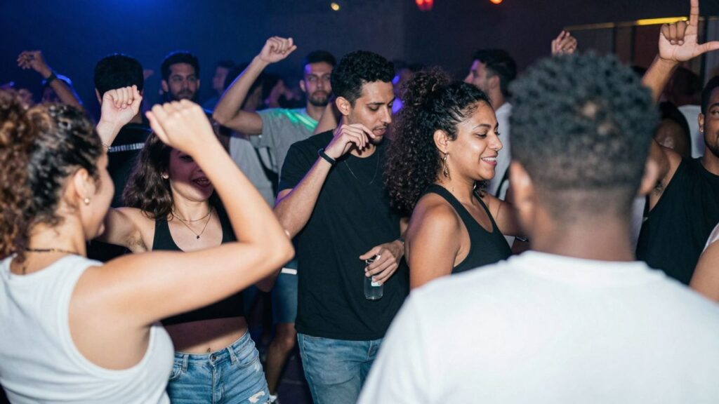 People enjoying a lively local party with colorful lights.