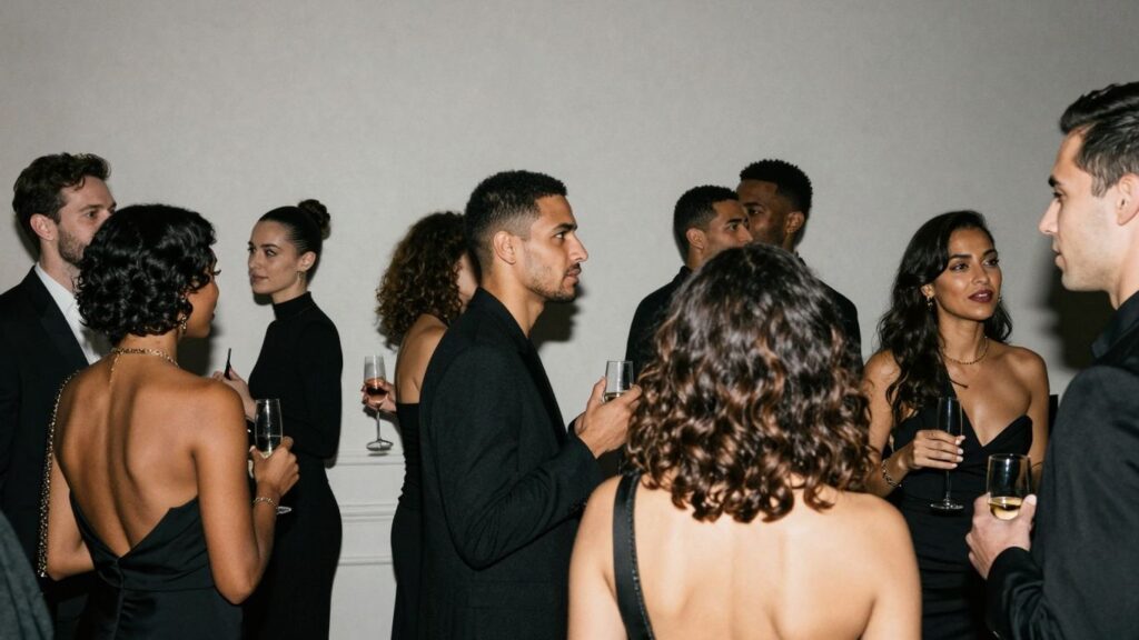 People in black at a sophisticated, dimly lit party.