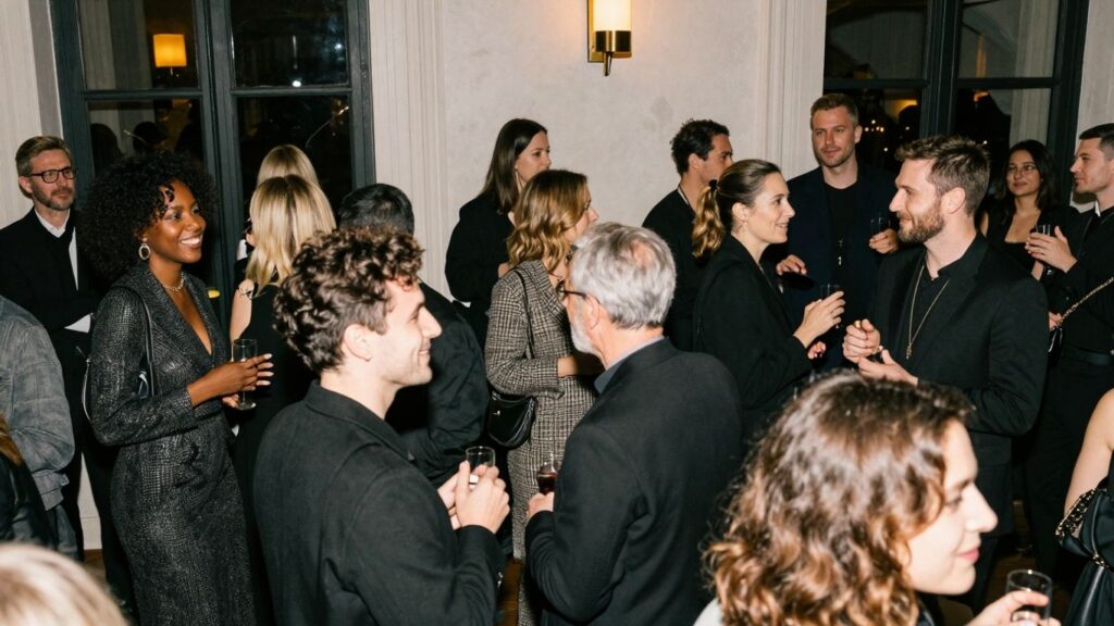 People in dark clothing at an elegant indoor party.