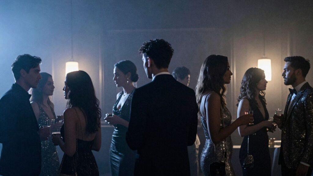 People mingling at a sophisticated black sheet party.