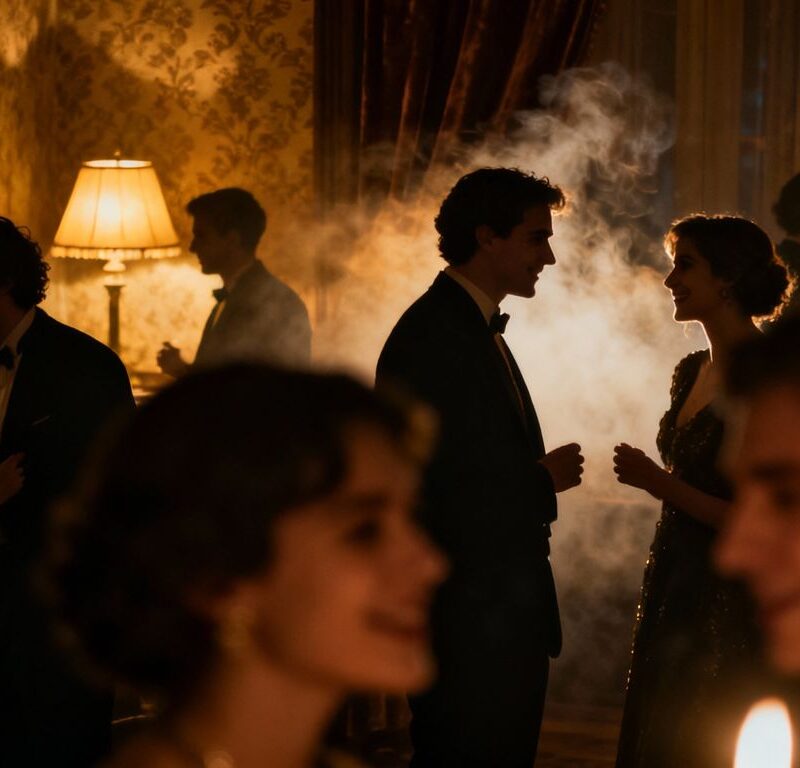 People mingling at a sophisticated, dimly lit party.