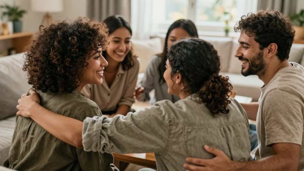 People sharing smiles and embraces, conveying connection and happiness.