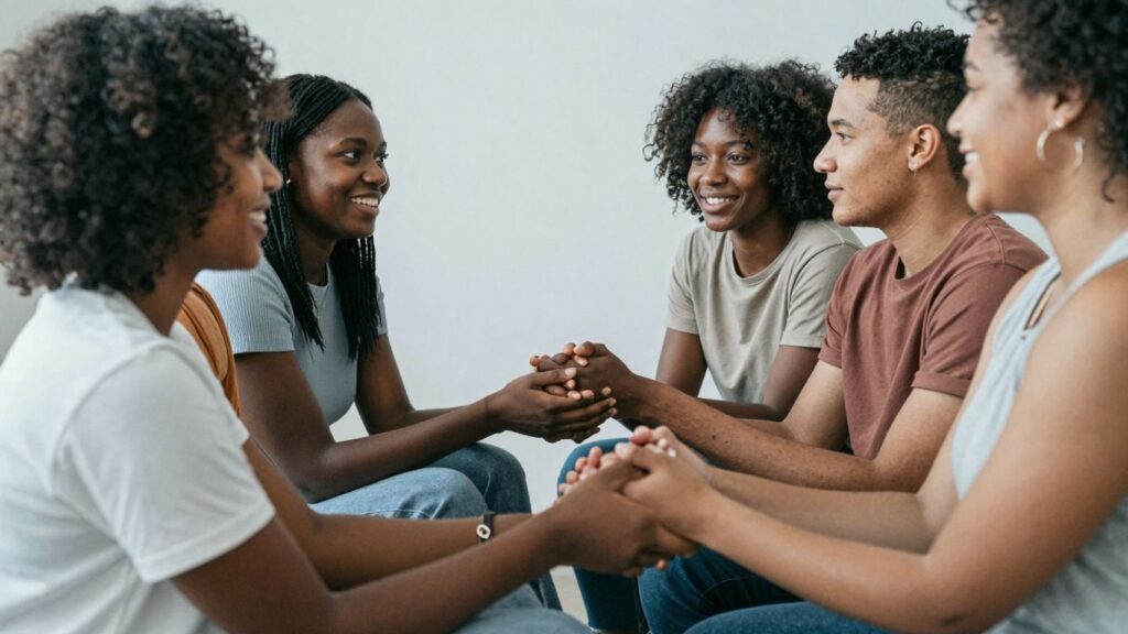 Queer friends and couples interacting comfortably.