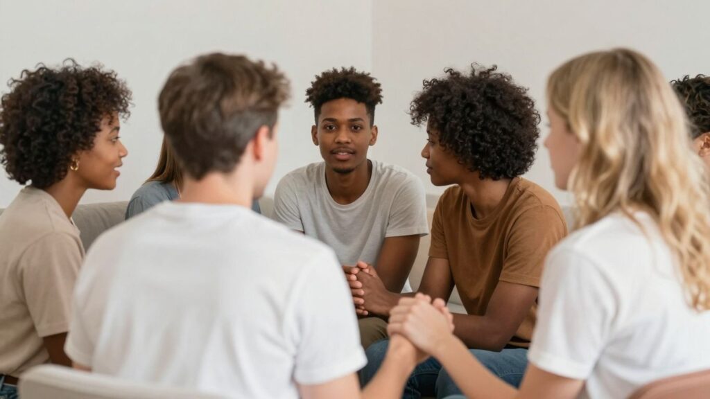 Queer individuals connecting in a welcoming, intimate setting.