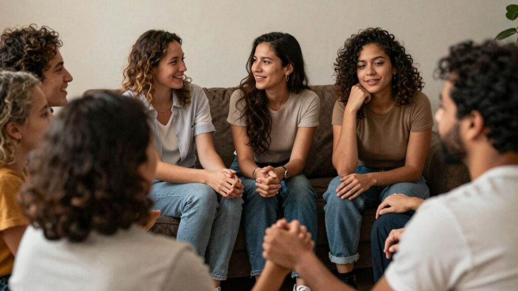 Queer individuals in a comfortable, connected social setting.