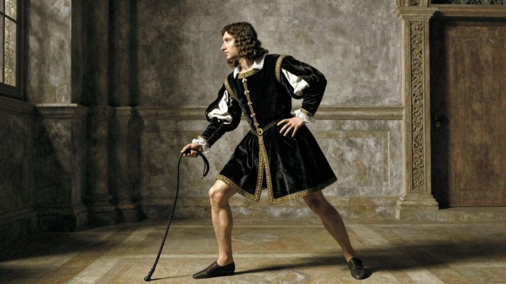 Renaissance chamber with a figure holding a whip.