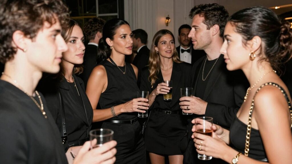Stylish adults at a sophisticated black-themed party.