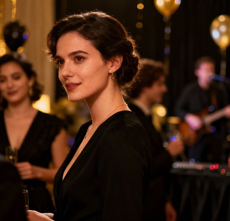 Stylish guests at a sophisticated black sheet party.