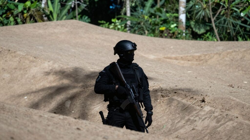 Tactical ranger patrolling a moonlit jungle at night.