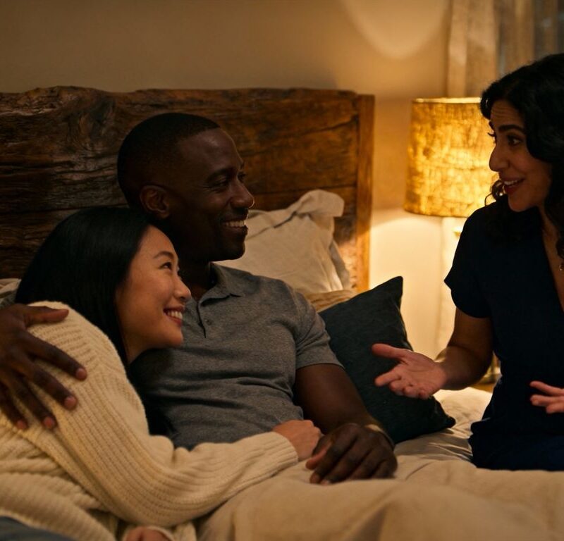 Three adults in an intimate bedroom setting.