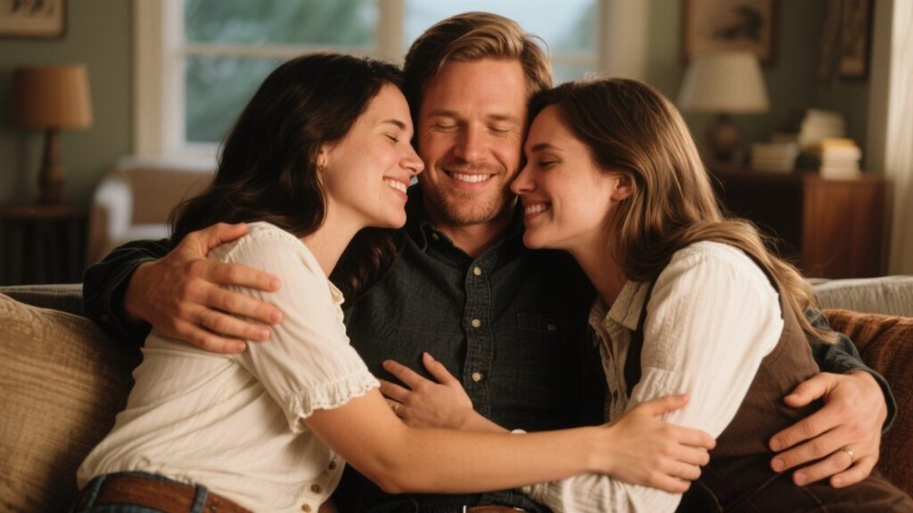 Three adults in an intimate, comfortable embrace.