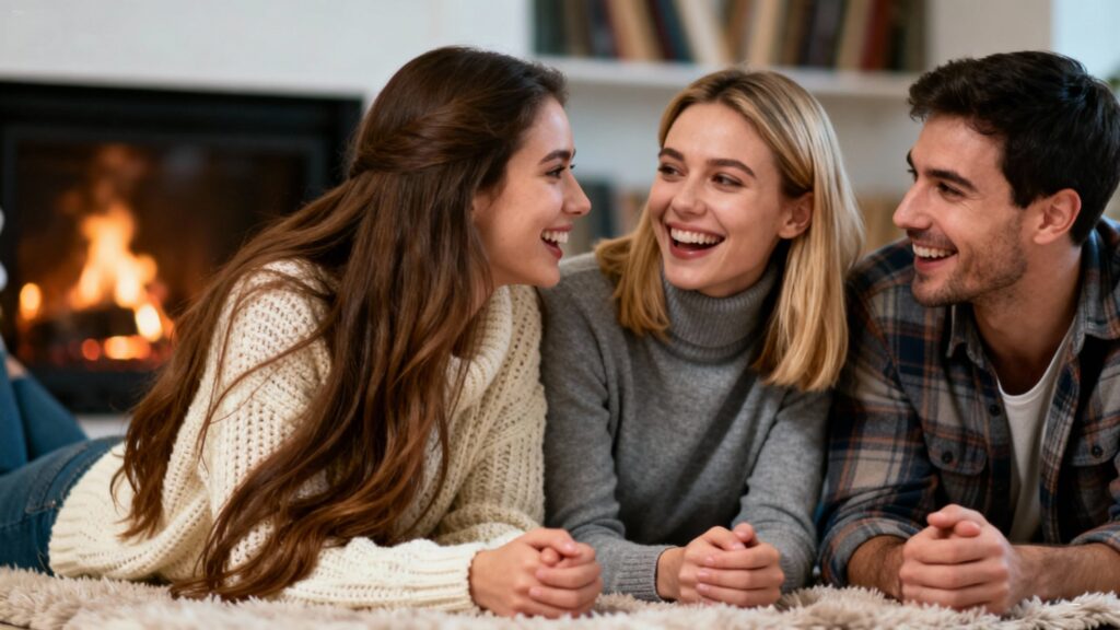 Three adults in an intimate, consensual setting.