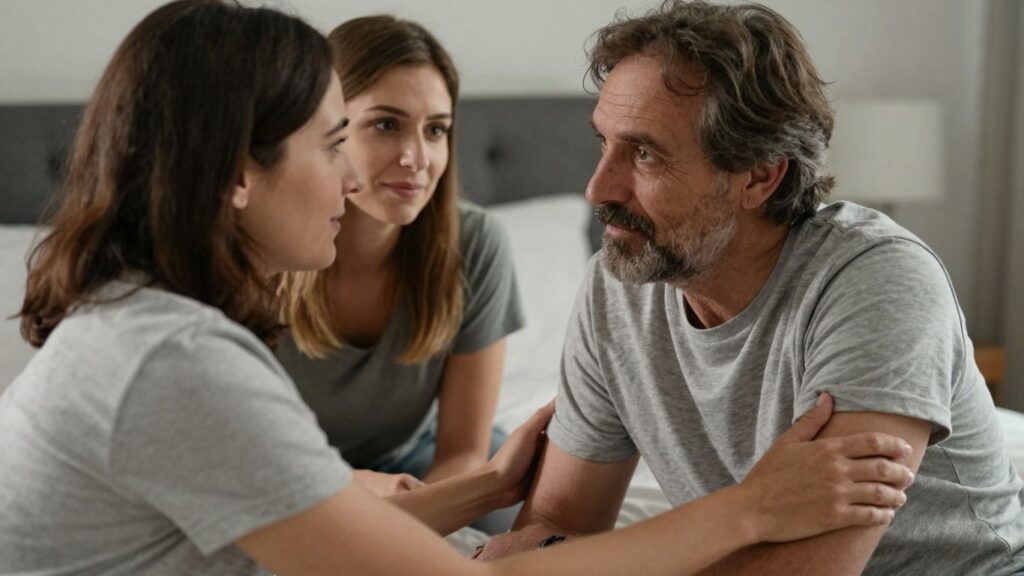 Three adults talking intimately in a bedroom.