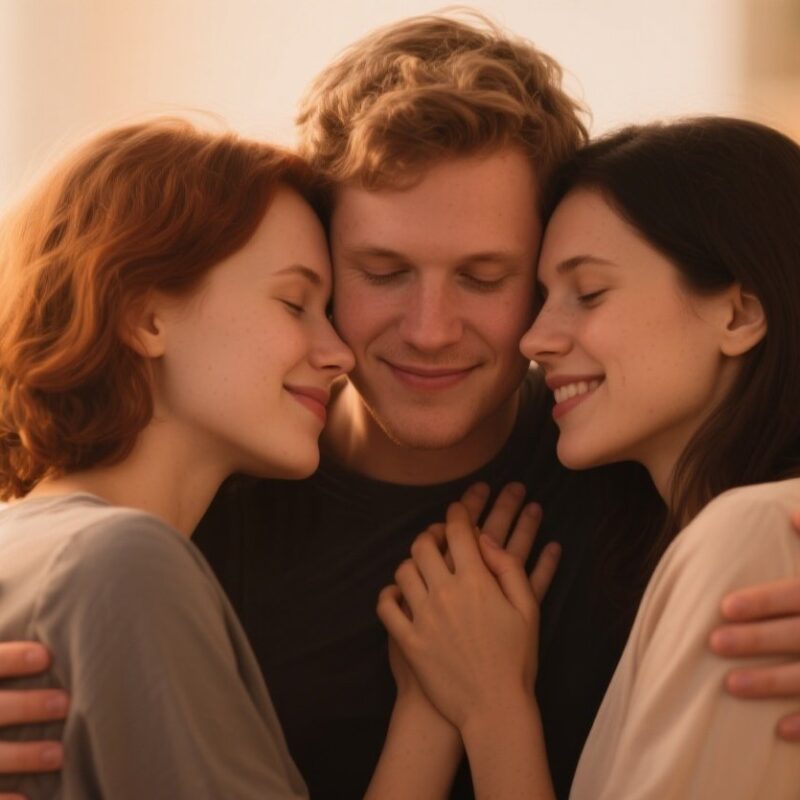 Three adults talking intimately in a bedroom.