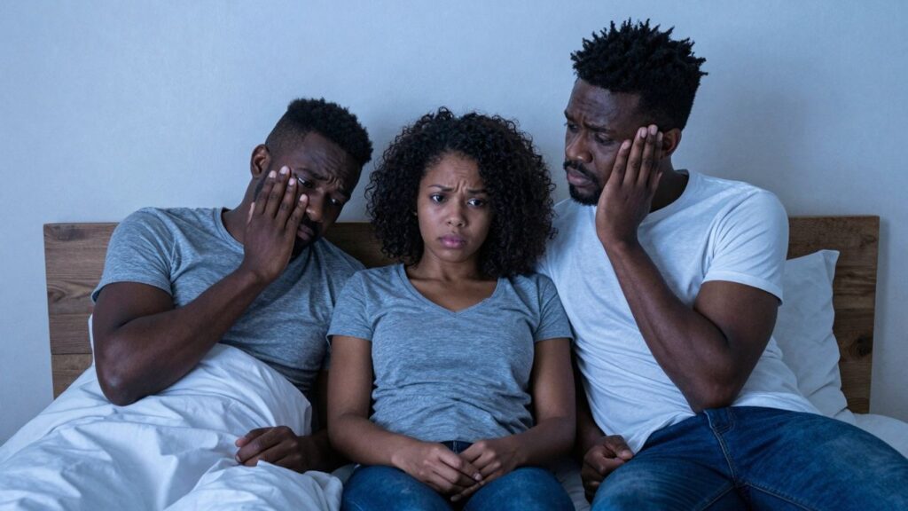 Three people in a bedroom, complex emotions.
