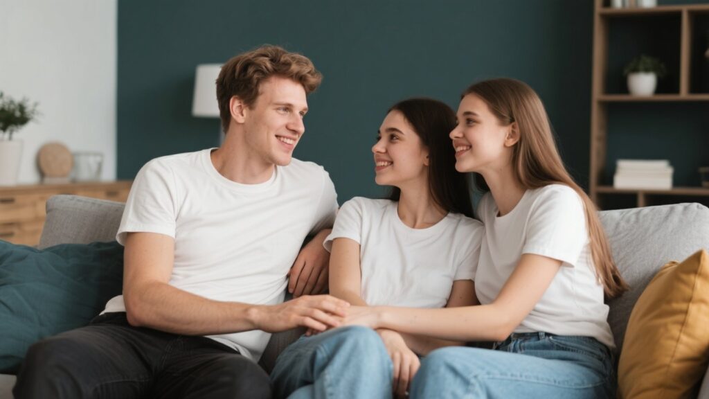 Three people in a comfortable, harmonious setting.