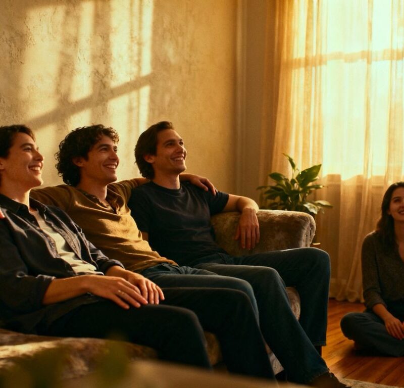 Three people in a comfortable, relaxed setting.