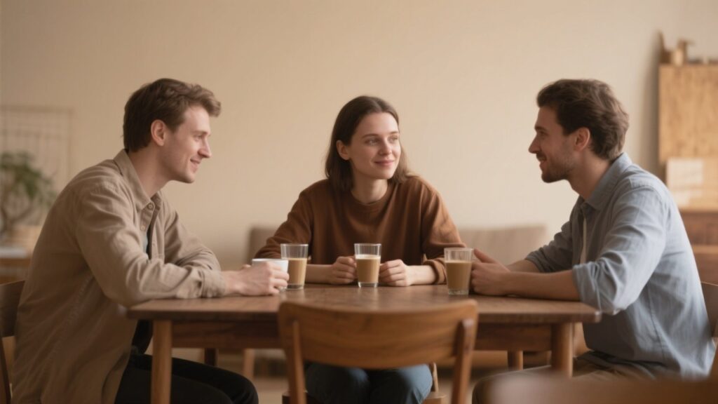 Three people in a comfortable setting, communicating respectfully.
