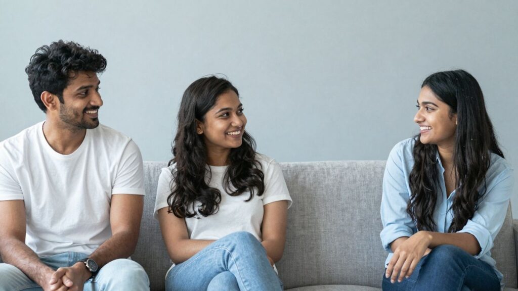 Three people in a comfortable setting, smiling and connected.