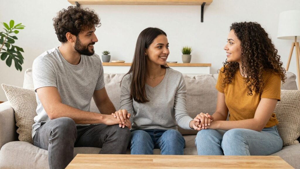 Three people in a loving polyamorous relationship.