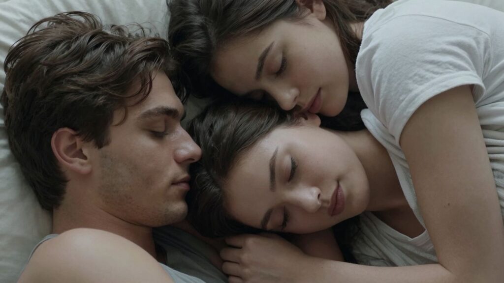 Three people in an intimate, affectionate embrace.