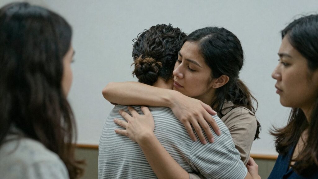 Three people in an intimate, close encounter.