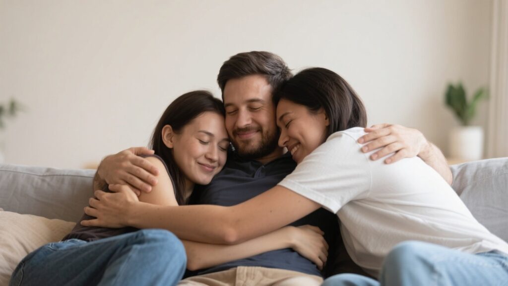 Three people in an intimate, comfortable embrace.