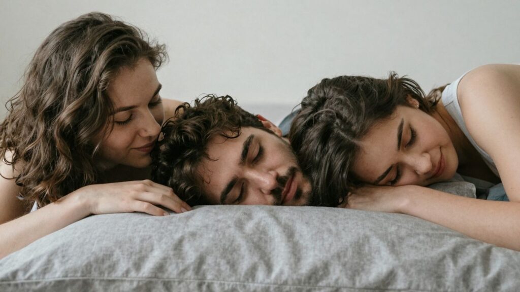 Three people in an intimate, comfortable embrace.