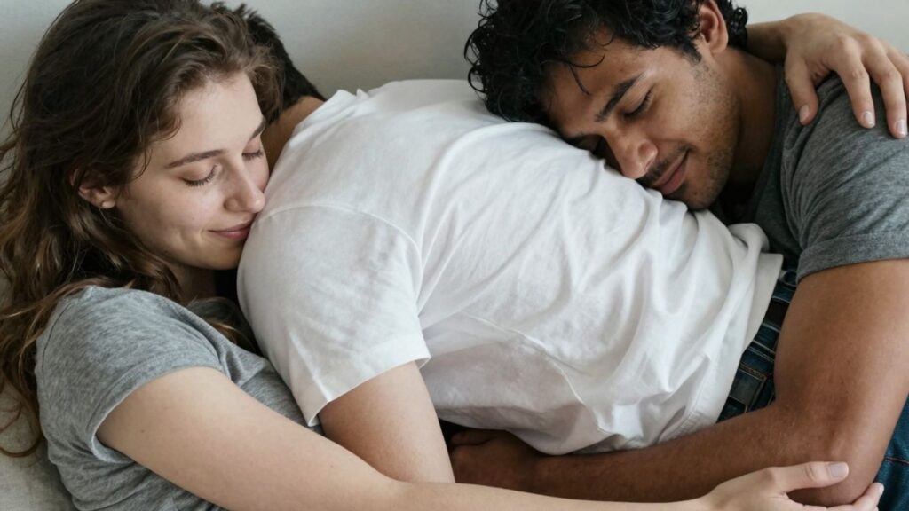 Three people in an intimate, comfortable setting.