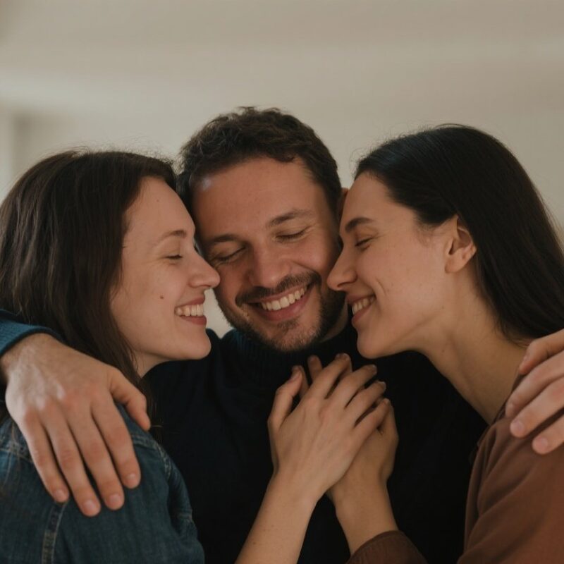 Three people in an intimate, comfortable setting.