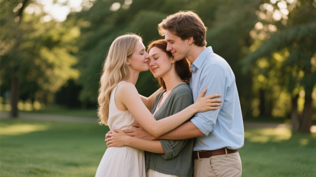 Three people in an intimate, comfortable setting.