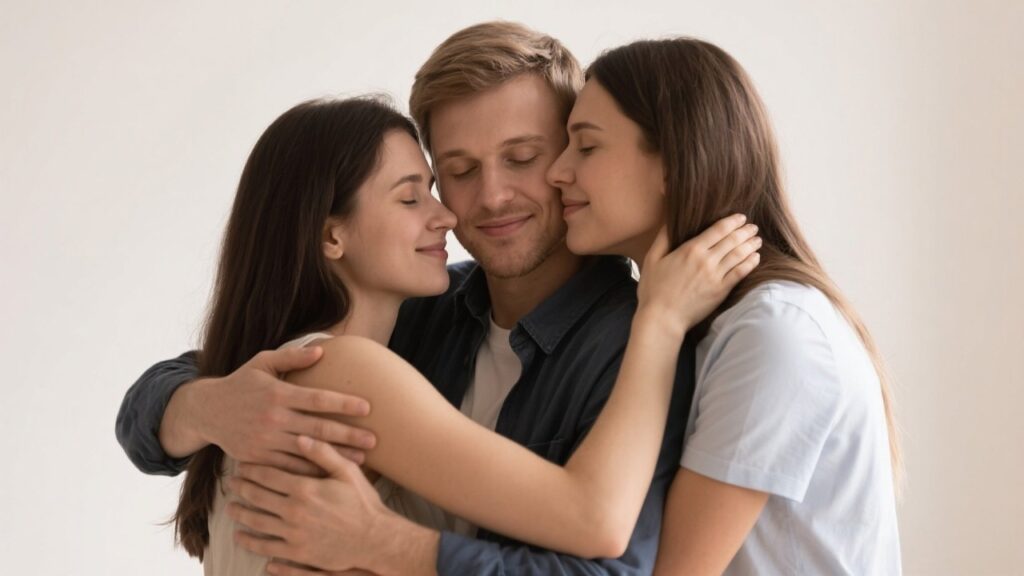 Three people in an intimate, comfortable setting.