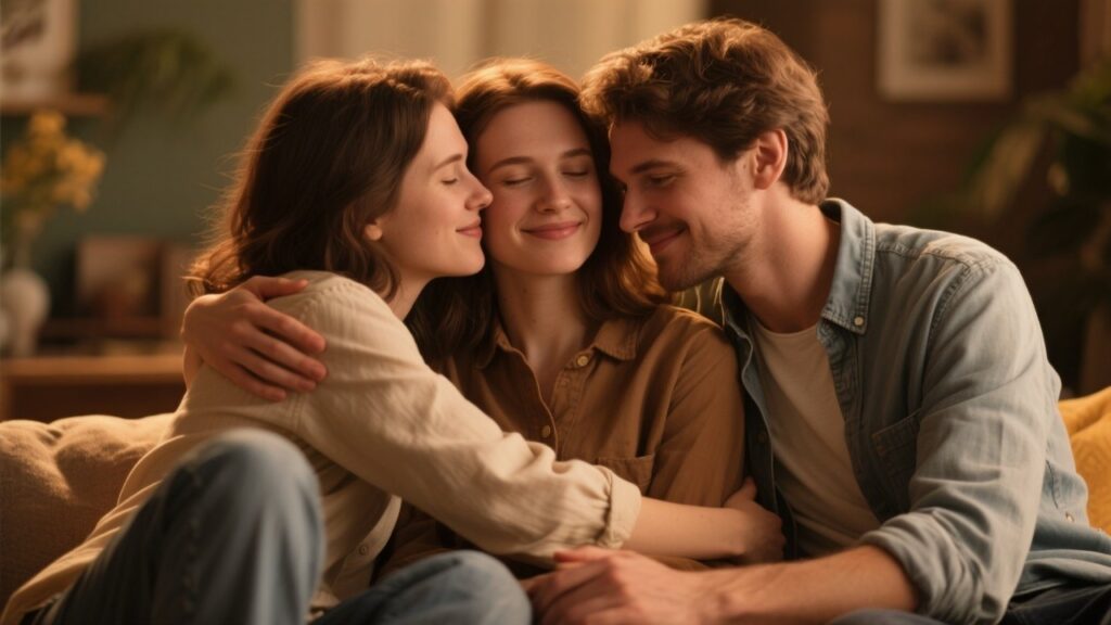 Three people in an intimate, connected embrace.