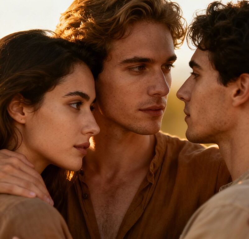 Three people in an intimate, consensual embrace.