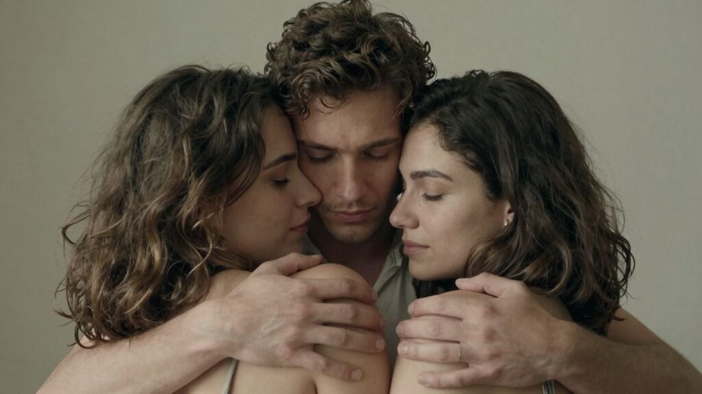 Three people in an intimate embrace.