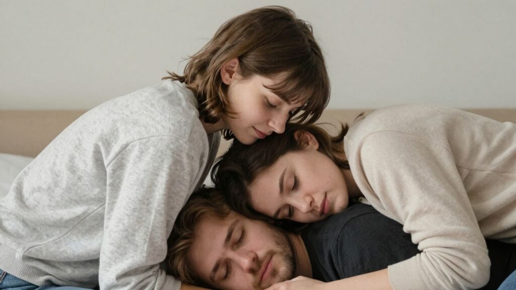 Three people in an intimate embrace, conveying connection.