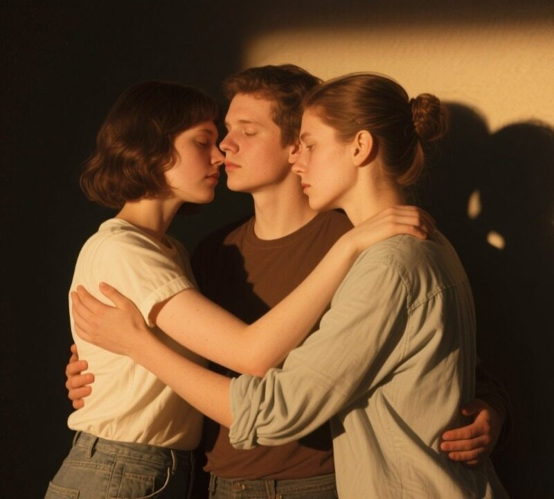 Three people in an intimate embrace, conveying connection.
