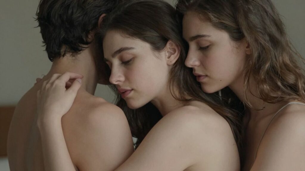 Three people in an intimate embrace, soft lighting.